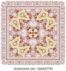 Decorative colorful ornament on white background, symmetric pattern with doodle lace frame. Tribal ethnic mandala decor. Bandana shawl, tablecloth fabric print, silk neck scarf, kerchief design