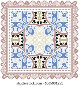 Decorative colorful ornament on white background, symmetric pattern with doodle lace frame. Tribal ethnic mandala decor. Bandana shawl, tablecloth fabric print, silk neck scarf, kerchief design