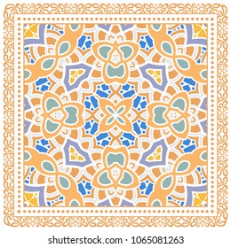 Decorative colorful ornament on white background, symmetric pattern with doodle lace frame. Tribal ethnic mandala decor. Bandana shawl, tablecloth fabric print, silk neck scarf, kerchief design