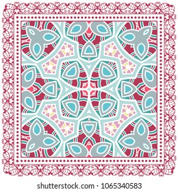 Decorative colorful ornament on white background, symmetric pattern with doodle lace frame. Tribal ethnic mandala decor. Bandana shawl, tablecloth fabric print, silk neck scarf, kerchief design