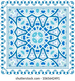 Decorative colorful ornament on white background, symmetric pattern with doodle lace frame. Tribal ethnic mandala decor. Bandana shawl, tablecloth fabric print, silk neck scarf, kerchief design