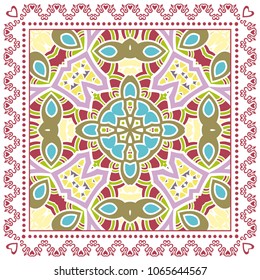 Decorative colorful ornament on white background, symmetric pattern with doodle lace frame. Tribal ethnic mandala decor. Bandana shawl, tablecloth fabric print, silk neck scarf, kerchief design