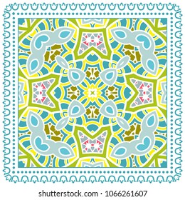 Decorative colorful ornament on white background, symmetric pattern with doodle lace frame. Tribal ethnic mandala decor. Bandana shawl, tablecloth fabric print, silk neck scarf, kerchief design