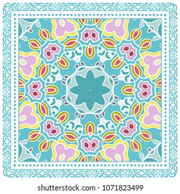 Decorative colorful ornament on white background, symmetric pattern with doodle lace frame. Tribal ethnic mandala decor. Bandana shawl, tablecloth fabric print, silk neck scarf, kerchief design