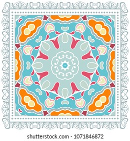 Decorative colorful ornament on white background, symmetric pattern with doodle lace frame. Tribal ethnic mandala decor. Bandana shawl, tablecloth fabric print, silk neck scarf, kerchief design