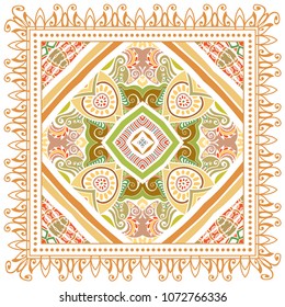 Decorative colorful ornament on white background, symmetric pattern with doodle lace frame. Tribal ethnic mandala decor. Bandana shawl, tablecloth fabric print, silk neck scarf, kerchief design