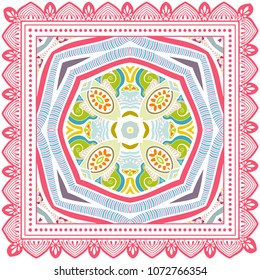 Decorative colorful ornament on white background, symmetric pattern with doodle lace frame. Tribal ethnic mandala decor. Bandana shawl, tablecloth fabric print, silk neck scarf, kerchief design