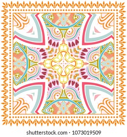 Decorative colorful ornament on white background, symmetric pattern with doodle lace frame. Tribal ethnic mandala decor. Bandana shawl, tablecloth fabric print, silk neck scarf, kerchief design