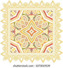 Decorative colorful ornament on white background, symmetric pattern with doodle lace frame. Tribal ethnic mandala decor. Bandana shawl, tablecloth fabric print, silk neck scarf, kerchief design