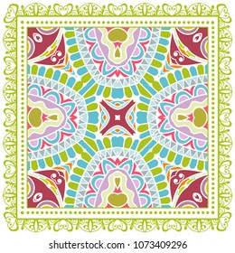 Decorative colorful ornament on white background, symmetric pattern with doodle lace frame. Tribal ethnic mandala decor. Bandana shawl, tablecloth fabric print, silk neck scarf, kerchief design