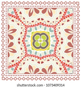Decorative colorful ornament on white background, symmetric pattern with doodle lace frame. Tribal ethnic mandala decor. Bandana shawl, tablecloth fabric print, silk neck scarf, kerchief design