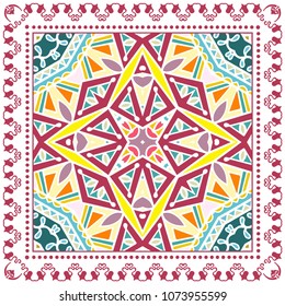 Decorative colorful ornament on white background, symmetric pattern with doodle lace frame. Tribal ethnic mandala decor. Bandana shawl, tablecloth fabric print, silk neck scarf, kerchief design
