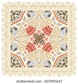 Decorative colorful ornament on white background, symmetric pattern with doodle lace frame. Tribal ethnic mandala decor. Bandana shawl, tablecloth fabric print, silk neck scarf, kerchief design
