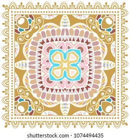 Decorative colorful ornament on white background, symmetric pattern with doodle lace frame. Tribal ethnic mandala decor. Bandana shawl, tablecloth fabric print, silk neck scarf, kerchief design