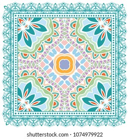 Decorative colorful ornament on white background, symmetric pattern with doodle lace frame. Tribal ethnic mandala decor. Bandana shawl, tablecloth fabric print, silk neck scarf, kerchief design