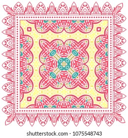 Decorative colorful ornament on white background, symmetric pattern with doodle lace frame. Tribal ethnic mandala decor. Bandana shawl, tablecloth fabric print, silk neck scarf, kerchief design