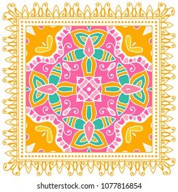 Decorative colorful ornament on white background, symmetric pattern with doodle lace frame. Tribal ethnic mandala decor. Bandana shawl, tablecloth fabric print, silk neck scarf, kerchief design