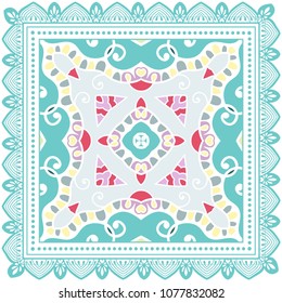 Decorative colorful ornament on white background, symmetric pattern with doodle lace frame. Tribal ethnic mandala decor. Bandana shawl, tablecloth fabric print, silk neck scarf, kerchief design