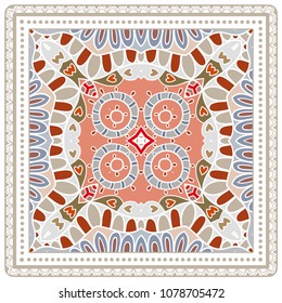Decorative colorful ornament on white background, symmetric pattern with doodle lace frame. Tribal ethnic mandala decor. Bandana shawl, tablecloth fabric print, silk neck scarf, kerchief design
