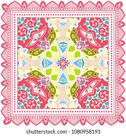 Decorative colorful ornament on white background, symmetric pattern with doodle lace frame. Tribal ethnic mandala decor. Bandana shawl, tablecloth fabric print, silk neck scarf, kerchief design