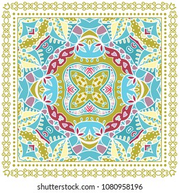 Decorative colorful ornament on white background, symmetric pattern with doodle lace frame. Tribal ethnic mandala decor. Bandana shawl, tablecloth fabric print, silk neck scarf, kerchief design