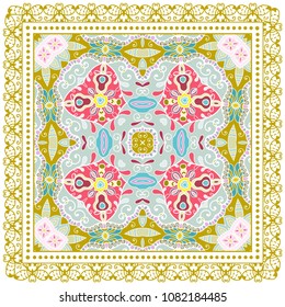 Decorative colorful ornament on white background, symmetric pattern with doodle lace frame. Tribal ethnic mandala decor. Bandana shawl, tablecloth fabric print, silk neck scarf, kerchief design