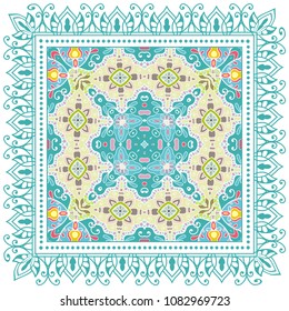 Decorative colorful ornament on white background, symmetric pattern with doodle lace frame. Tribal ethnic mandala decor. Bandana shawl, tablecloth fabric print, silk neck scarf, kerchief design