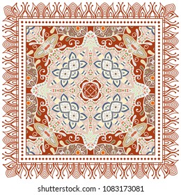 Decorative colorful ornament on white background, symmetric pattern with doodle lace frame. Tribal ethnic mandala decor. Bandana shawl, tablecloth fabric print, silk neck scarf, kerchief design