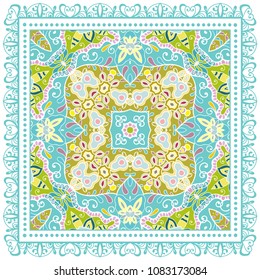Decorative colorful ornament on white background, symmetric pattern with doodle lace frame. Tribal ethnic mandala decor. Bandana shawl, tablecloth fabric print, silk neck scarf, kerchief design