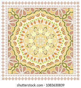 Decorative colorful ornament on white background, symmetric pattern with doodle lace frame. Tribal ethnic mandala decor. Bandana shawl, tablecloth fabric print, silk neck scarf, kerchief design