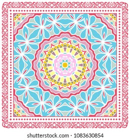 Decorative colorful ornament on white background, symmetric pattern with doodle lace frame. Tribal ethnic mandala decor. Bandana shawl, tablecloth fabric print, silk neck scarf, kerchief design