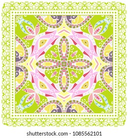Decorative colorful ornament on white background, symmetric pattern with doodle lace frame. Tribal ethnic mandala decor. Bandana shawl, tablecloth fabric print, silk neck scarf, kerchief design