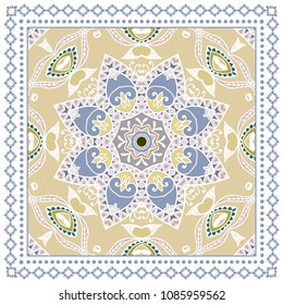 Decorative colorful ornament on white background, symmetric pattern with doodle lace frame. Tribal ethnic mandala decor. Bandana shawl, tablecloth fabric print, silk neck scarf, kerchief design