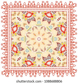 Decorative colorful ornament on white background, symmetric pattern with doodle lace frame. Tribal ethnic mandala decor. Bandana shawl, tablecloth fabric print, silk neck scarf, kerchief design