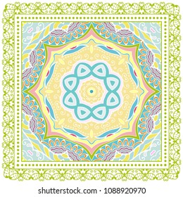 Decorative colorful ornament on white background, symmetric pattern with doodle lace frame. Tribal ethnic mandala decor. Bandana shawl, tablecloth fabric print, silk neck scarf, kerchief design