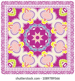 Decorative colorful ornament on white background, symmetric pattern with doodle lace frame. Tribal ethnic mandala decor. Bandana shawl, tablecloth fabric print, silk neck scarf, kerchief design
