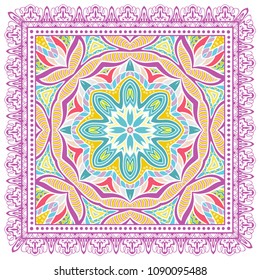 Decorative colorful ornament on white background, symmetric pattern with doodle lace frame. Tribal ethnic mandala decor. Bandana shawl, tablecloth fabric print, silk neck scarf, kerchief design