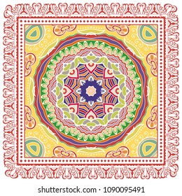 Decorative colorful ornament on white background, symmetric pattern with doodle lace frame. Tribal ethnic mandala decor. Bandana shawl, tablecloth fabric print, silk neck scarf, kerchief design