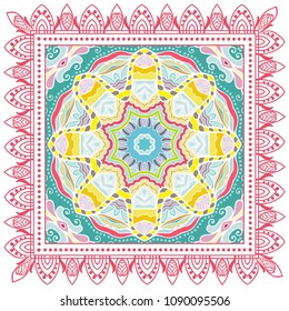 Decorative colorful ornament on white background, symmetric pattern with doodle lace frame. Tribal ethnic mandala decor. Bandana shawl, tablecloth fabric print, silk neck scarf, kerchief design