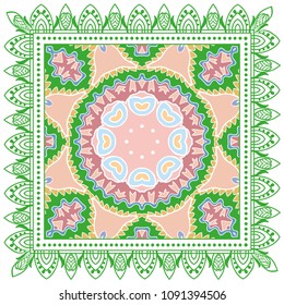 Decorative colorful ornament on white background, symmetric pattern with doodle lace frame. Tribal ethnic mandala decor. Bandana shawl, tablecloth fabric print, silk neck scarf, kerchief design