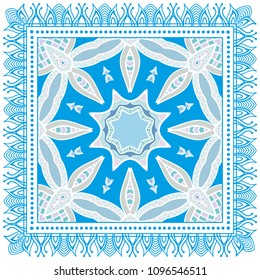 Decorative colorful ornament on white background, symmetric pattern with doodle lace frame. Tribal ethnic mandala decor. Bandana shawl, tablecloth fabric print, silk neck scarf, kerchief design