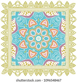 Decorative colorful ornament on white background, symmetric pattern with doodle lace frame. Tribal ethnic mandala decor. Bandana shawl, tablecloth fabric print, silk neck scarf, kerchief design