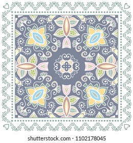 Decorative colorful ornament on white background, symmetric pattern with doodle lace frame. Tribal ethnic mandala decor. Bandana shawl, tablecloth fabric print, silk neck scarf, kerchief design