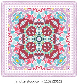 Decorative colorful ornament on white background, symmetric pattern with doodle lace frame. Tribal ethnic mandala decor. Bandana shawl, tablecloth fabric print, silk neck scarf, kerchief design