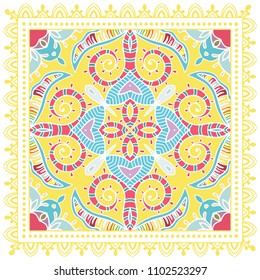Decorative colorful ornament on white background, symmetric pattern with doodle lace frame. Tribal ethnic mandala decor. Bandana shawl, tablecloth fabric print, silk neck scarf, kerchief design