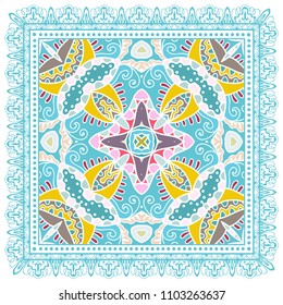 Decorative colorful ornament on white background, symmetric pattern with doodle lace frame. Tribal ethnic mandala decor. Bandana shawl, tablecloth fabric print, silk neck scarf, kerchief design