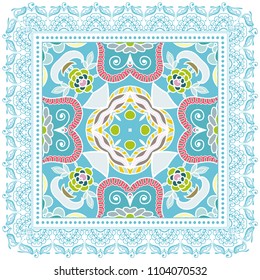Decorative colorful ornament on white background, symmetric pattern with doodle lace frame. Tribal ethnic mandala decor. Bandana shawl, tablecloth fabric print, silk neck scarf, kerchief design