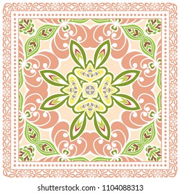 Decorative colorful ornament on white background, symmetric pattern with doodle lace frame. Tribal ethnic mandala decor. Bandana shawl, tablecloth fabric print, silk neck scarf, kerchief design