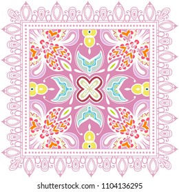 Decorative colorful ornament on white background, symmetric pattern with doodle lace frame. Tribal ethnic mandala decor. Bandana shawl, tablecloth fabric print, silk neck scarf, kerchief design