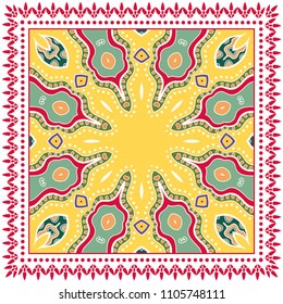 Decorative colorful ornament on white background, symmetric pattern with doodle lace frame. Tribal ethnic mandala decor. Bandana shawl, tablecloth fabric print, silk neck scarf, kerchief design